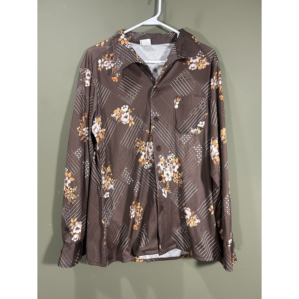 Vintage 70s Stuart Mann California Disco Shirt Brown Rockabilly Geometric Mens L